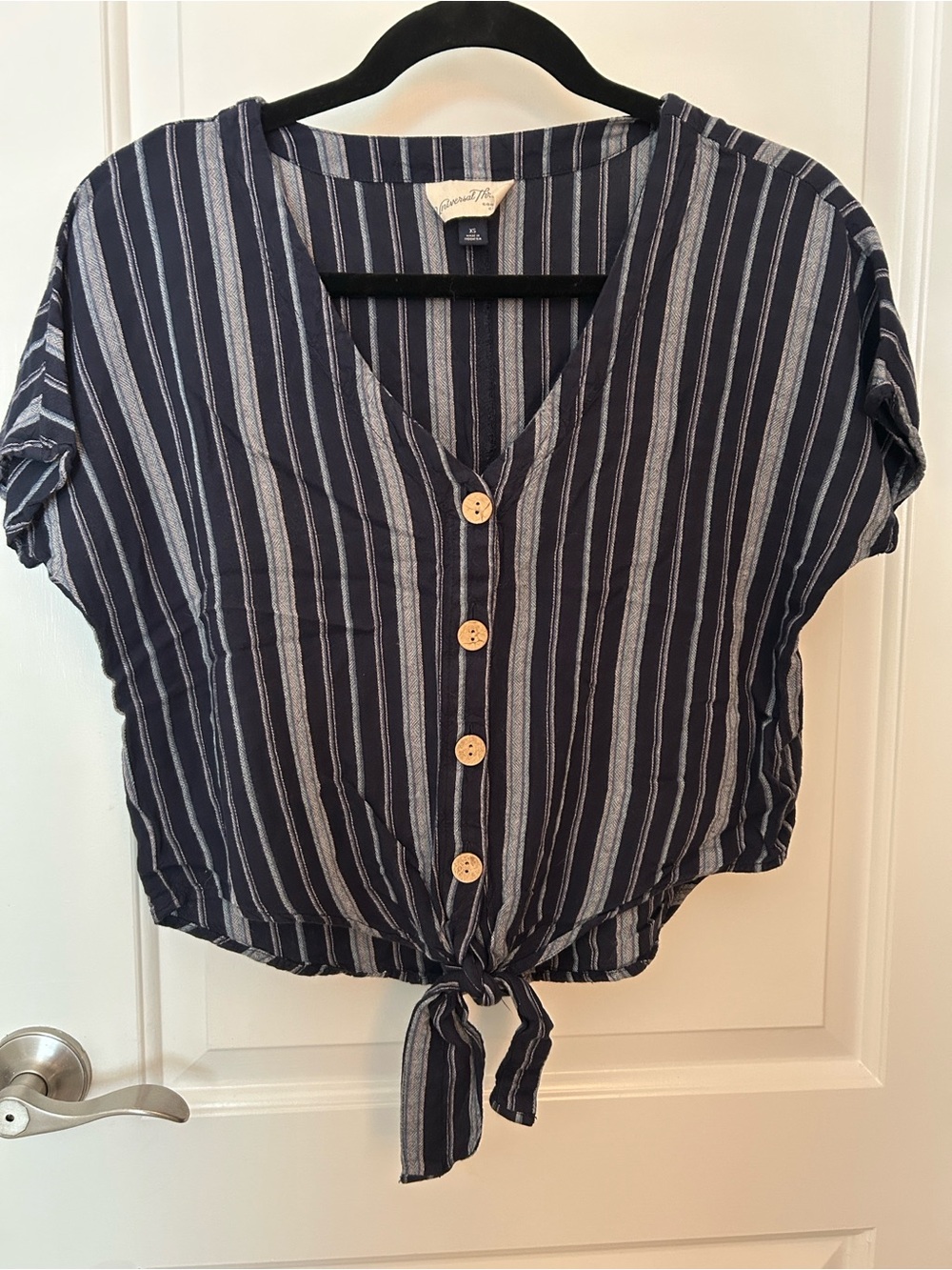 Navy Blue Striped Button-Front Tie-Hem Top - Universal Thread